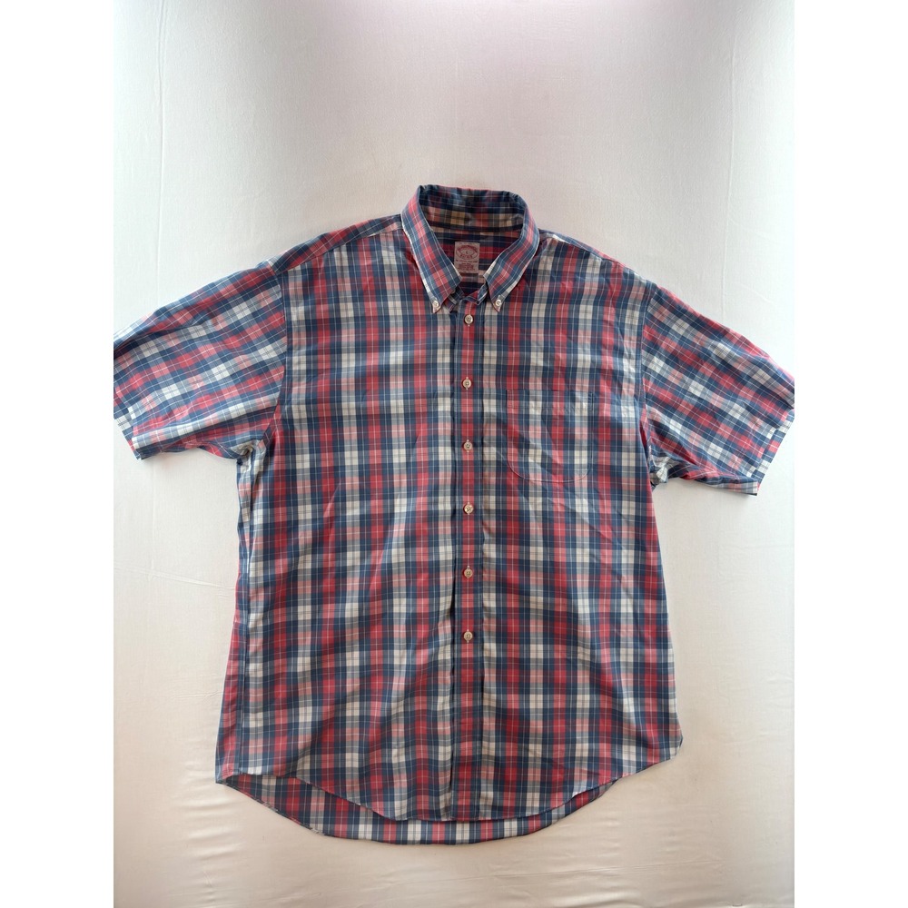 Brooks Brothers Mens Non-Iron Supima Cotton Plaid Short Sleeve Shirt Blue Red L